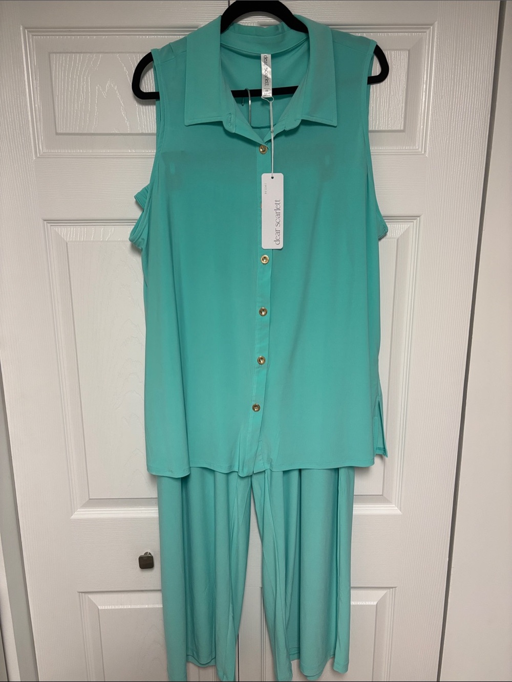 Sleeveless Button-Front Pantsuit in Aqua Teal by Clair Scarlett